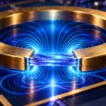 Conceptual illustration of a gold split-ring resonator coupled to a layered superconducting crystal, with luminous blue electromagnetic field contours.