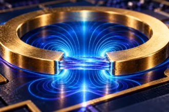 Conceptual illustration of a gold split-ring resonator coupled to a layered superconducting crystal, with luminous blue electromagnetic field contours.