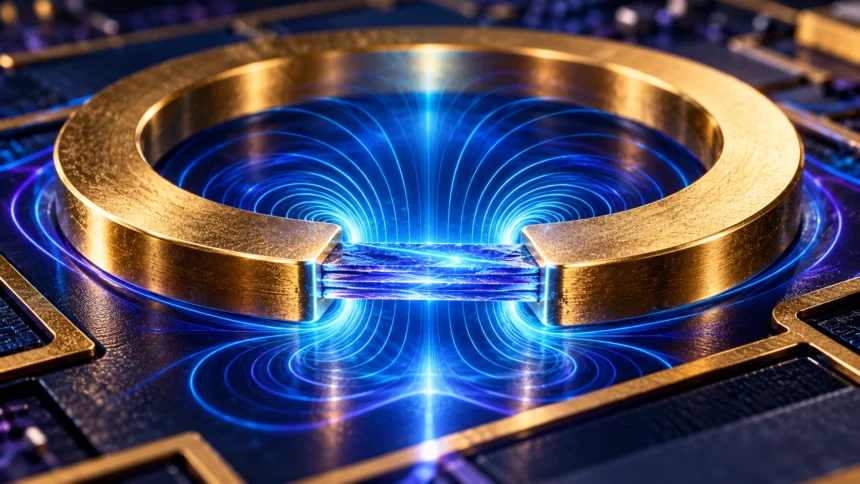 Conceptual illustration of a gold split-ring resonator coupled to a layered superconducting crystal, with luminous blue electromagnetic field contours.