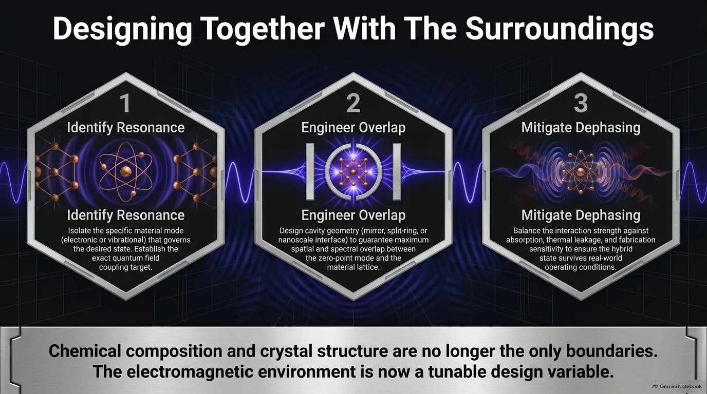 Three illustrated design considerations: identify a material resonance, engineer overlap with cavity modes, and mitigate dephasing.
