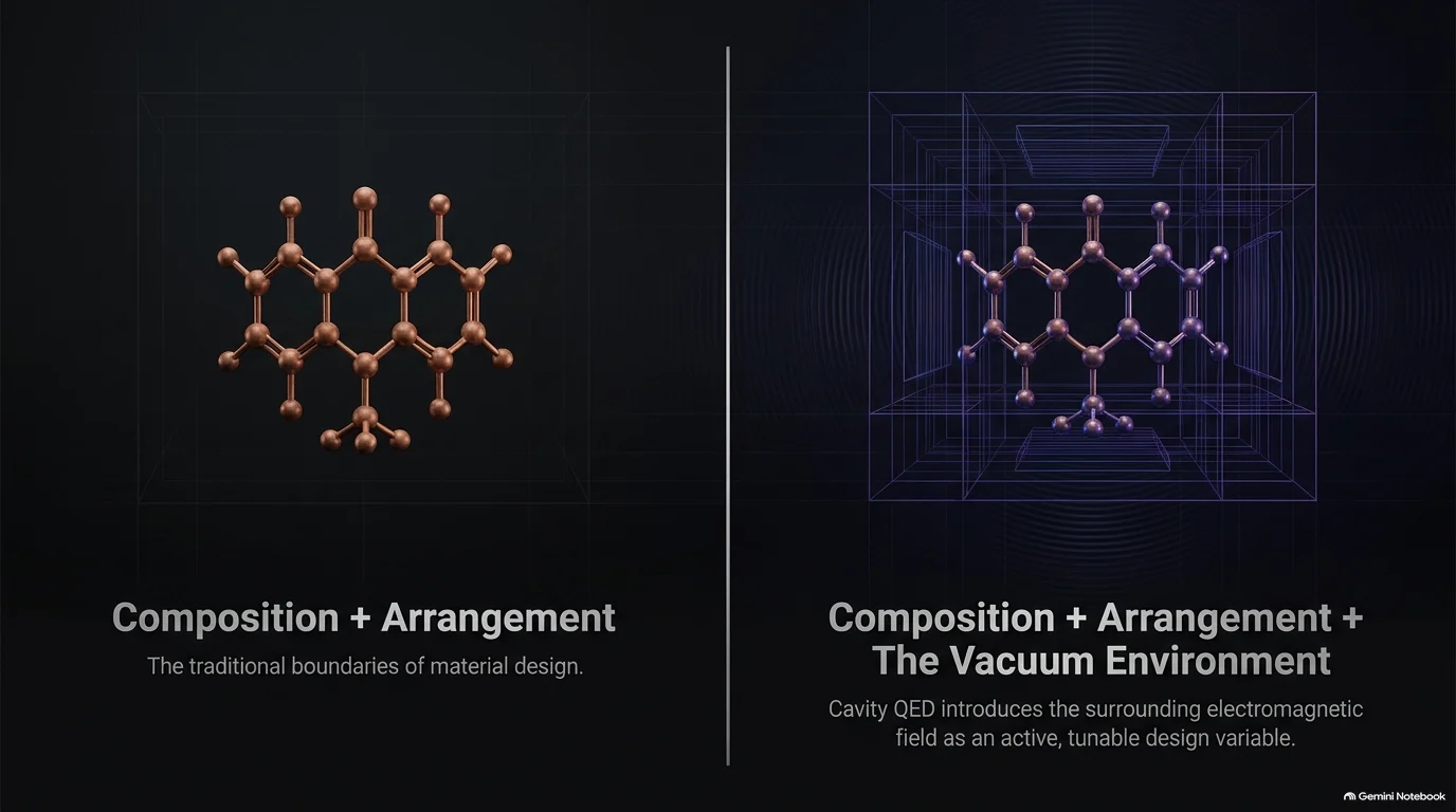 Comparison of an isolated molecular lattice and a lattice surrounded by engineered electromagnetic boundary conditions.
