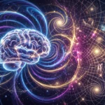 Conceptual illustration of a luminous brain surrounded by spiral wave patterns and a spacetime grid containing remembered scenes.