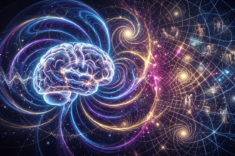 Conceptual illustration of a luminous brain surrounded by spiral wave patterns and a spacetime grid containing remembered scenes.