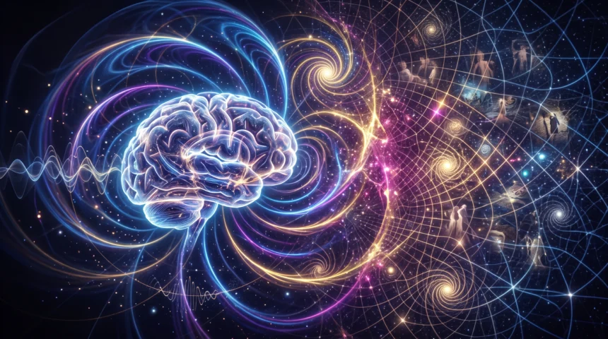 Conceptual illustration of a luminous brain surrounded by spiral wave patterns and a spacetime grid containing remembered scenes.